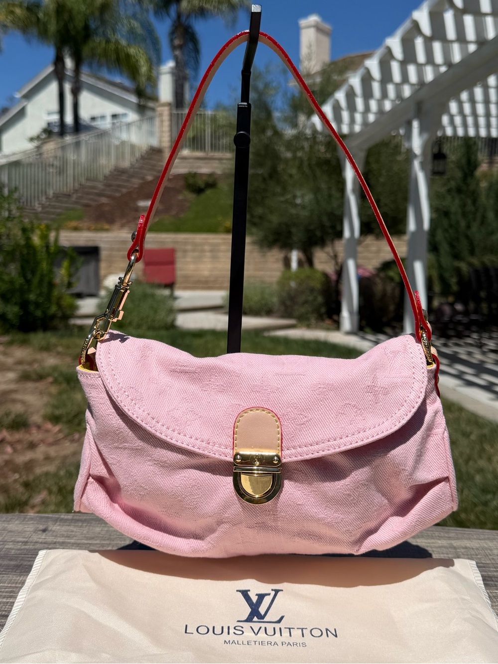 NEW LV Print Pink Monogram Canvas Denim Sunset Top Handle Shoulder Bag Gold
